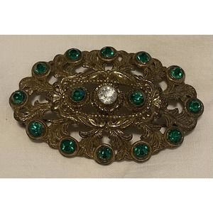 Antique CZECHOSLOVAKIA Bronze Green Crystal Victorian Golden Filigree Brooch Pin